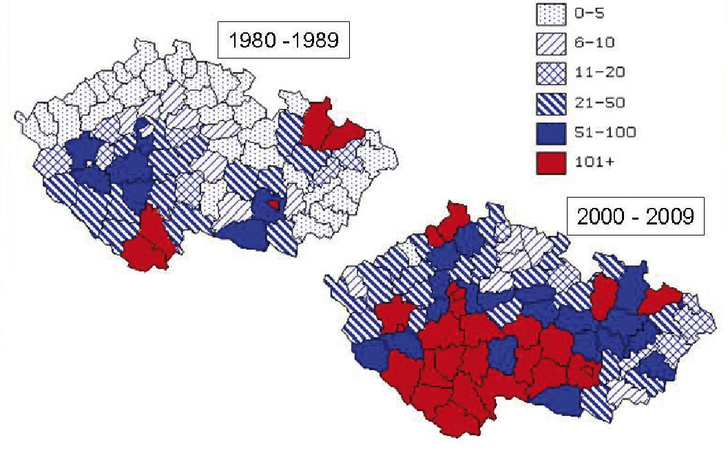 Oblasti s vysokým výskytem KE Jilkova E, Vaverkova R. TBE epidemiology in the Czech Republic 2013.