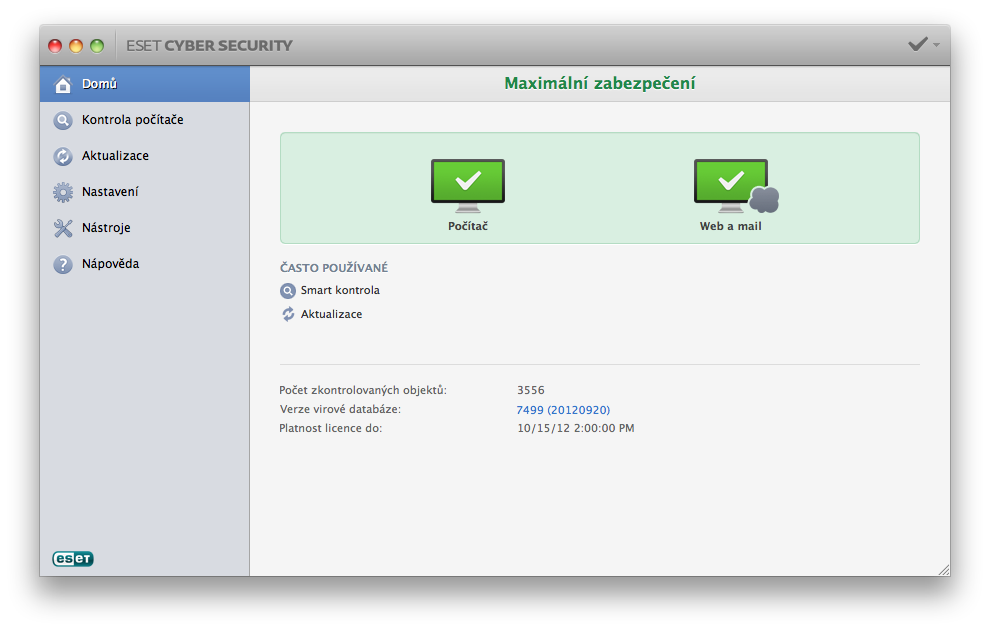 Uživatelské rozhraní Záložka Domů poskytuje základní informace o stavu zabezpečení počítače. Kontrola počítače je důležitá část každého antivirového řešení.