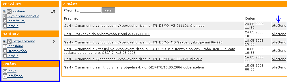 Zprávy Nové - seznam nepřečtených zpráv, které se zasílají uživateli na e-mail. Kliknutím na "přečteno", se zpráva přesune do stavu Zprávy/přečtené. Přečtené - zprávy, které uživatel již přečetl.