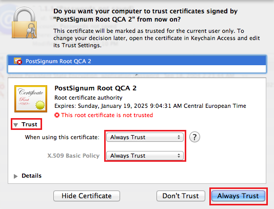 Instalace certifikátů certifikačních autorit do počítače MAC Aby byl certifikát od PostSignum důvěryhodný, je potřeba nainstalovat veřejné části kořenové autority PostSignum http://www.postsignum.