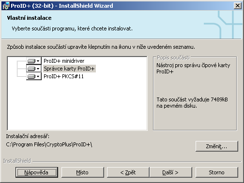 Součásti instalace lze odebrat podle následujících pravidel: ProID+ minidriver obsahuje základní podporu karet ProID+ v operačním systému MS Windows.