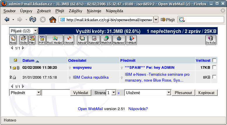 3. Webmail Po přihlášení se dostanete do WebMailu do složky Přijaté.
