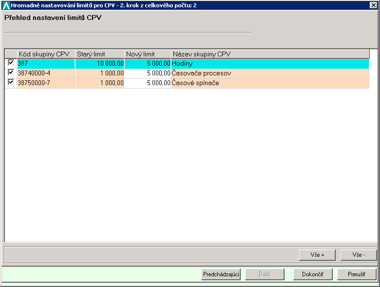 Hromadné nastavení limitů pro jednotlivá CPV Tato funkce slouží pro hromadné nastavení limitů pro jednotlivé kódy CPV.