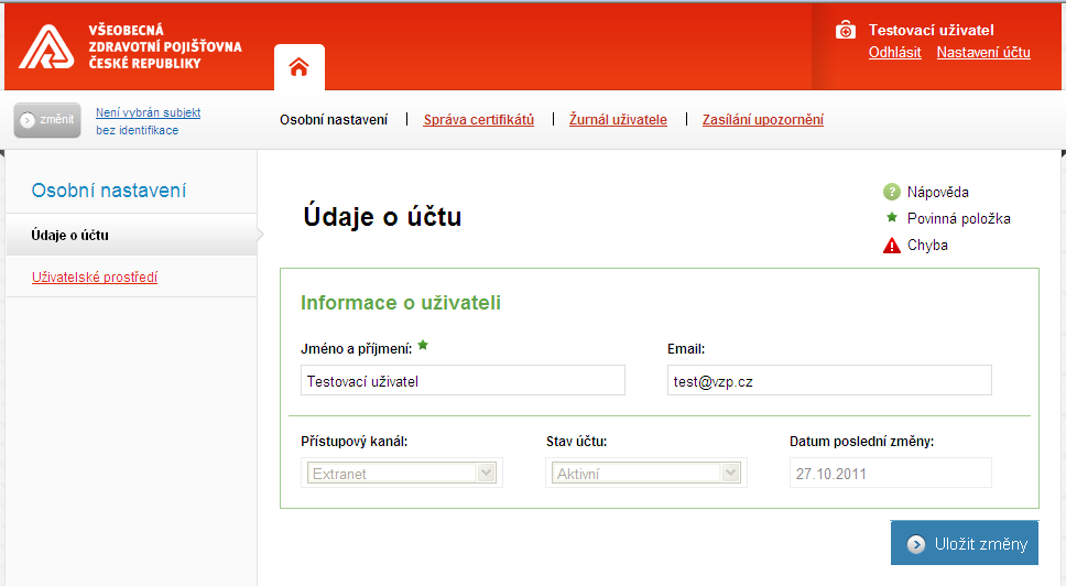 1. Úvodní stránka Po přihlášení na Portál VZP (https://portal.vzp.cz) je zobrazena úvodní stránka aplikace.