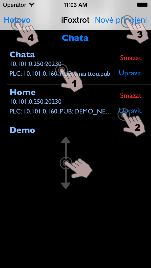 B obrazovka pro správu připojení Dostupná z obrazovky A. Zde se nachází seznam již nakonfigurovaných připojení a možnost je upravit/smazat, nebo přidat nové.