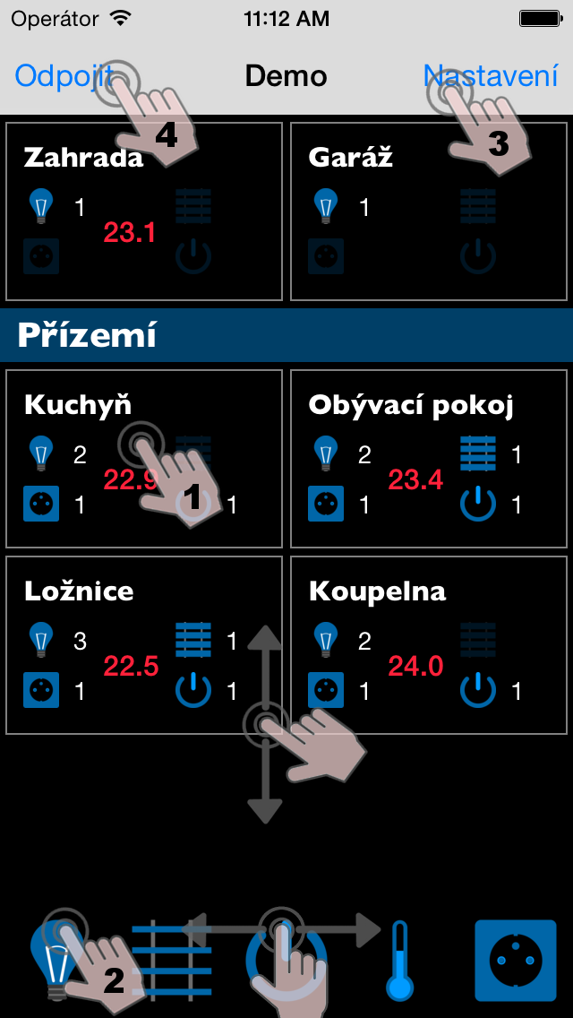 D výchozí obrazovka po úspěšném připojení Zobrazení je rozděleno na podlaží a místnosti. Po prvním spuštění jsou předdefinována dvě podlaží s místnostmi.