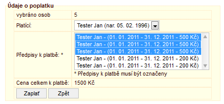 Ve výpisu je u obyvatel vidět, který poplatek mají nastaven. V seznamu poplatků lze nyní generovat předpisy pro daný rok pomocí odkazu generuj předpis.