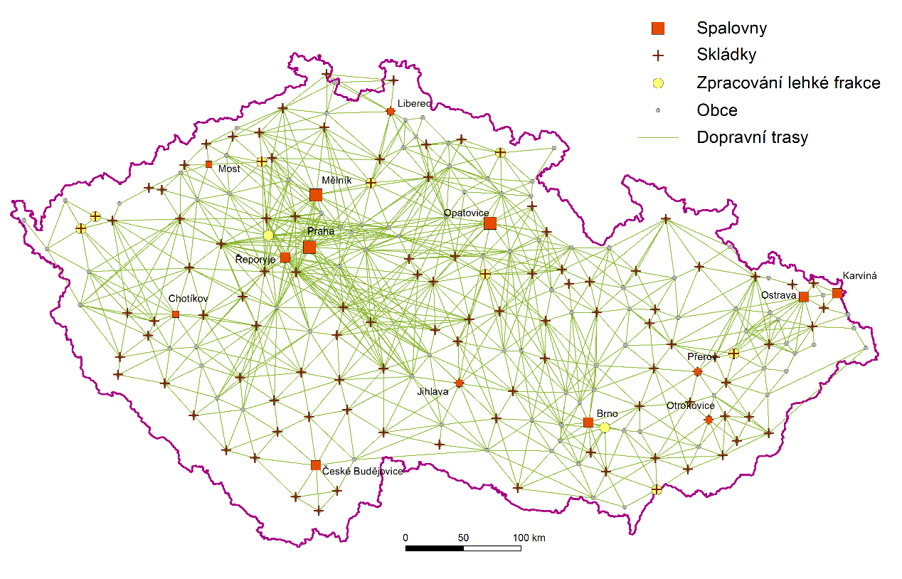 Obr. 34 Rozdělení území do uzlů, dopravní (silniční) infrastruktura modelu a klíčové prvky Potřebné modely, vstupní data a okrajové podmínky pro výpočty pracoviště ÚPEI VUT Brno neustále zpřesňuje v