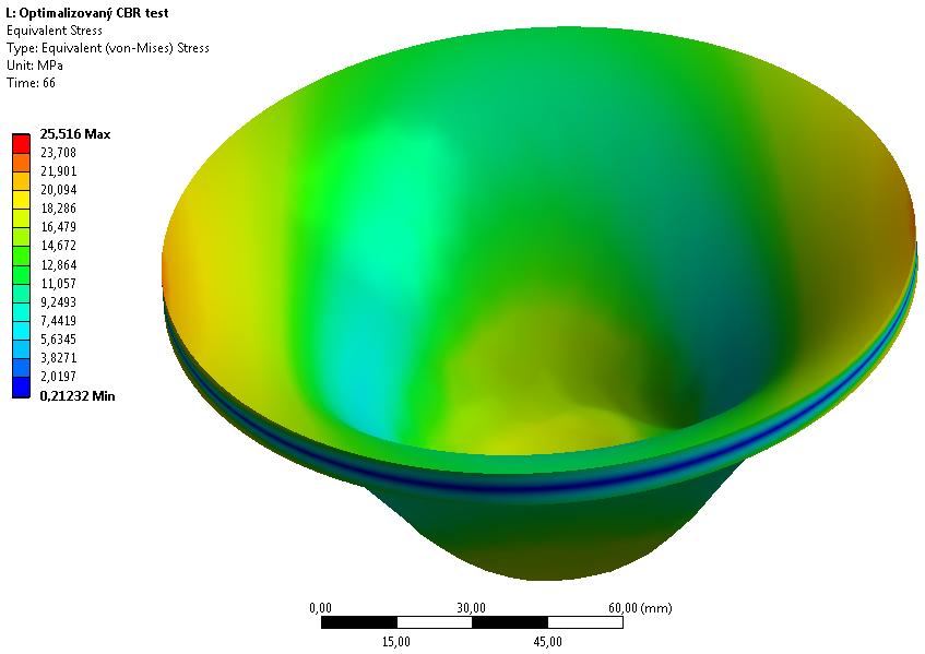 4 Výsledky a diskuze Obr. 3.8 CBR test - optimalizace Z fotografií a modelů statické zkoušky tahem (viz Obr. 3.1 až Obr. 3.4) je zřejmé, že maximální napětí, získaná z numerického modelu, odpovídají napětím, která byla určena z experimentálních dat.