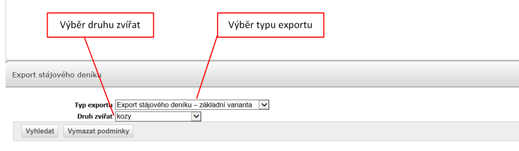 Data je možné generovat jen pro provozovny aktuálně ve vlastnictví přihlášeného uživatele a pro individuální druhy zvířat, které jsou na provozovně registrovány.