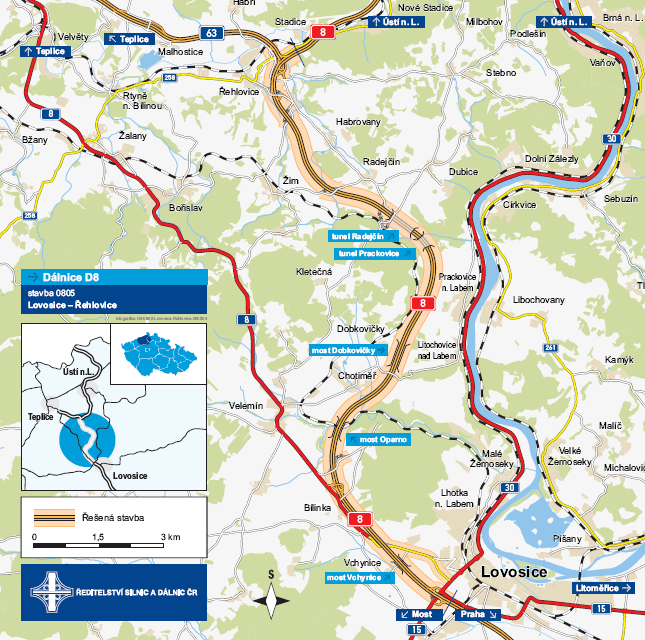 3. Stěžejní infrastruktura v ÚK Dálnice D8 805 úsek Lovosice Řehlovice část uceleného dálničního tahu dálnice D8 Praha státní hranice Česko/Německo stavba se dělí na samostatné části A F, které však