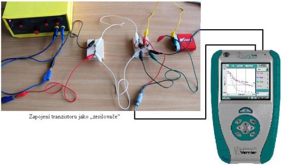 b) Zapojení tranzistoru jako zesilovače Postup 1. Voltmetry zapojíme do konektorů CH 1 a CH 2 LabQuestu. 2. Zapojíme tranzistor jako spínač dle schéma a).