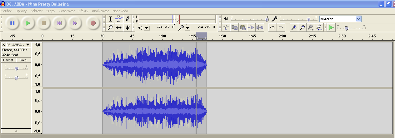 12. Efekty / Postupný náběh(fade in) 13. Teď provedu na konci skladby to, aby se mi intenzita mírnila 14. označím si úsek skladby myší směrem ke konci (nikdy ne naopak) 15. Efekty / Gross fade out 16.