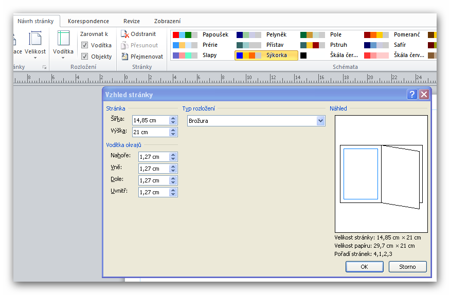 2. Změním formát A4 na brožuru: Návrh stránky/ vzhled stránky/ typ rozložení/ brožura Aplikace se vás