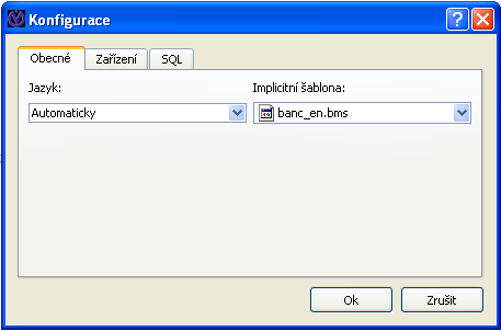 Tlačítko Konfigurace slouží pro nastavení specifických parametrů zařízení. SQL nastavení parametrů SQL databáze.