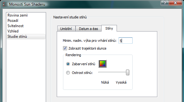 Záložka Stíny Můžete tady definovat minimální nadmořskou výšku pro slunce, při které ještě bude sluneční zdroj vrhat stíny.