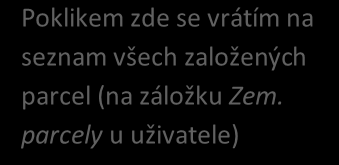 6.6 Orientace na parcele Tlačítko k založení parcely Tlačítko k řešení červené parcely Poklikem zde se vrátím na seznam všech založených parcel (na záložku Zem.