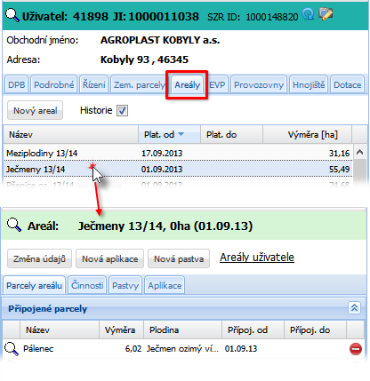 do (lze zadat po dvojkliku do řádku) lze parcelu z areálu odpojit k zvolenému datu. Nezapomenu uložit. Do areálu lze kdykoliv přidat další parcely.