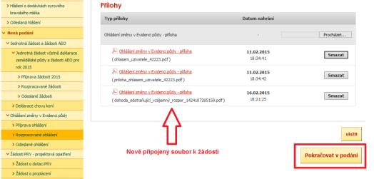 Obrázek 59: Tlačítko Pokračovat v podání po připojení příloh 10.8.3 Změna / doplnění podání 1.
