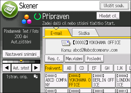 5. Skenování 4. Vyberte jméno, u kterého chcete odstranit e-mailovou adresu. Stiskněte tlačítko se jménem nebo pomocí číselných tlačítek zadejte jeho registrační číslo.