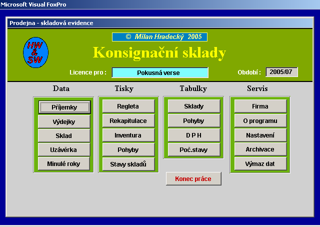 2 ÚVOD : Program skladové evidence "Konsignační skaldy" zahrnuje v sobě možnost zápisu příjmu a výdeje až do 99 druhů skladů ma př. zboží od různých dodavatelů, vlastních výrobků apod.
