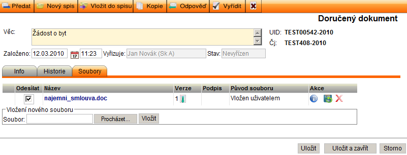 Soubory lze připojovat pouze k vlastnímu nebo doručenému dokumentu, ke spisu nikoli (spis tuto záložku neobsahuje).