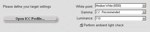 2. Zvolíme cílové hodnoty: (a) barvu bílého bodu (White point), typicky (6 500 K ev.