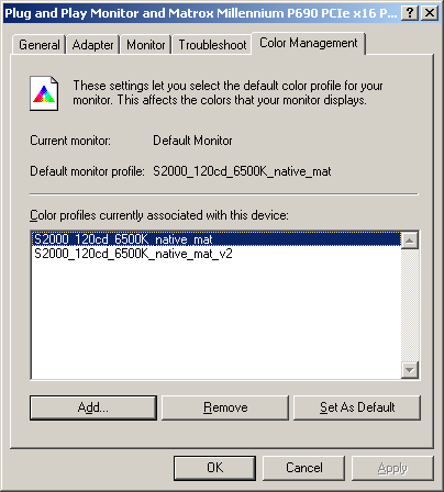 Obrázek 2: Přiřazení profilu monitoru ve Windows XP. 3 Správa barev ve Windows Každý displej může mít přiřazeno několik ICC profilů, z nichž pouze jeden je aktivní (default).