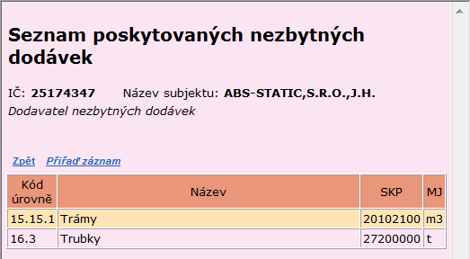 Dostupné odkazy: Zpět návrat na předchozí stránku, bez uložení. Uloţ uloží záznam o smlouvě (lze jen v případě, že dodavatel není ve stavu Aktualizace dat). Storno zruší zapsané a neuložené změny.