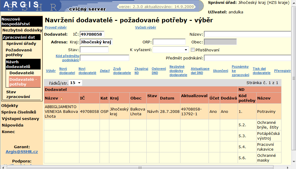 Požadované krizové informace jsou poté vidět v tabulce Navrţení dodavatelé poţadované potřeby (v rámci všech ostatních potřeb): 8.3.