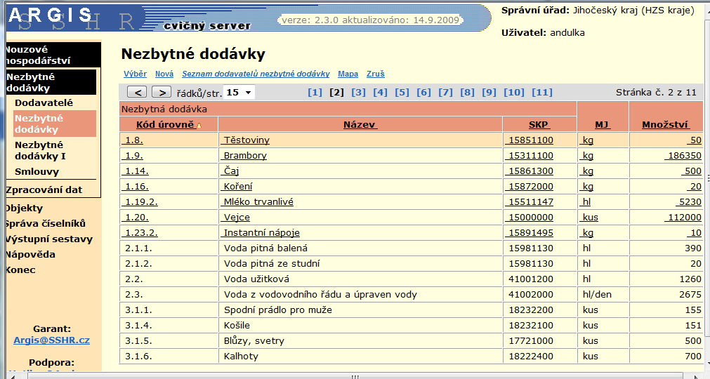 7.2 Nezbytné dodávky Zobrazí přehled dostupných nezbytných dodávek z kraje příslušného přihlášenému HZS (a pokud správce číselníků nastaví přístup, tak i z okolních krajů).