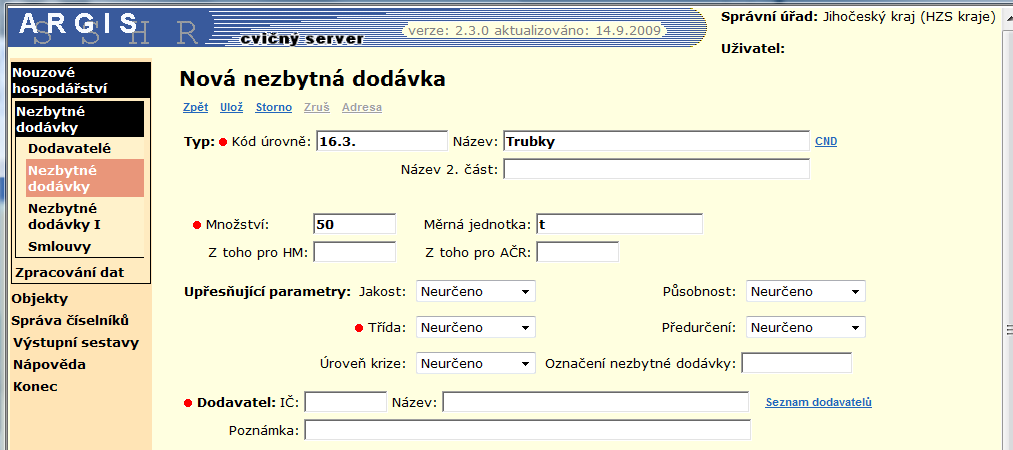 Výběr krizových informací V přehledu nezbytných dodávek se také zobrazují informace poskytnuté ekonomickými subjekty (tj.