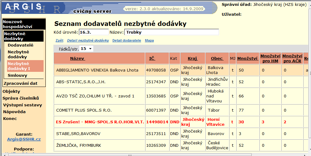 7.3.3 Seznam dodavatelů nezbytné dodávky V přehledu nezbytných dodávek zvýrazníte záznam o nezbytné dodávce a odkazem Seznam dodavatelů nezbytné dodávky zobrazíte tuto stránku, kde je v záhlaví