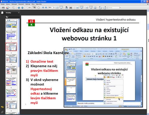 Čtečka Adobe Reader Klepnutím na ikonu se zobrazí miniatury snímků a je