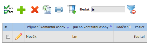 3. Klikněte na Kontaktní osoby v horním menu a na Seznam kontaktních osob. Zobrazí se přehled kontaktních osob organizace. 4. Klikněte na tuto ikonu. Ve formuláři zaškrtněte Přístup k projektu.