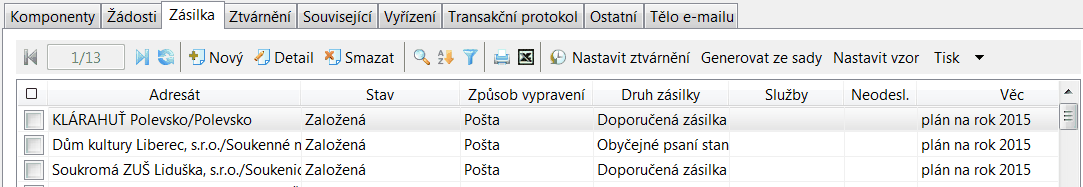 40 KEO4 Referent Vytvoření zásilky Na záložce Zásilka se použije tlačítko Nový. Stejný postup jako při vytvoření zásilky u záznamu.