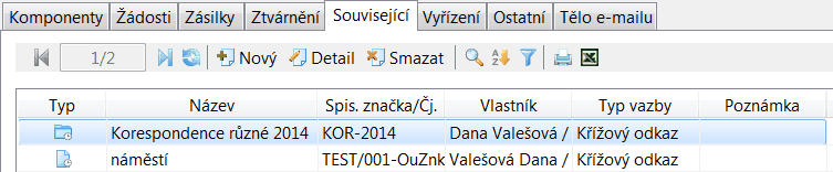Vlastní dokumenty k vyřízení 43 Pomocí přepínače se vybere, jestli má být vložen odkaz na spis nebo dokument, a z roletového menu se vybere příslušný spis či dokument.