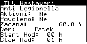 3.2.2.1 Funkce Anti Legionella Stiskem PRG z předchozí obrazovky se zobrazí nastaveni funkce antilegionella. Legionella je bakterie která se běžně vyskytuje v pitné vodě v malých dávkách.