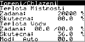 3.2.3 Topení/Chlazení Tento displej informuje o statusu tepelného čerpadla (topení / chlazení) a umožňuje automaticky nebo manuálně tento status měnit. Parameter: Rozsah/F.