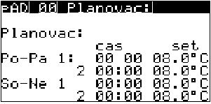 3.2.4.2 padxx časové programy Nastavení časových programů se skládá ze dvou obrazovek. Parametr: Rozsah/F.: [ ] Popis pad 01, 11-16 - pad Identifikační Číslo.