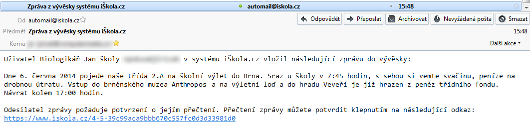 Zpráva z Vývěsky zaslaná na e-mail: I tato e-mailová stránka, zaslaná systémem z Vývěsky na předvolenou e-mailovou adresu.