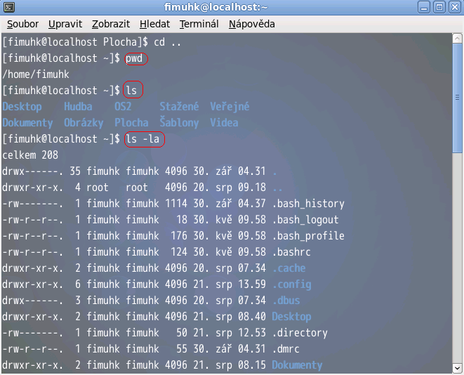 Řešení: 1. Úkol základní příkazy pro pohyb v konzoli 1.1. Cesta k adresáři - zjistěte cestu k Vašemu domovskému adresáři 1.1.1. Pro zjištění aktuální použijte příkaz pwd, který zobrazuje cestu k aktuální pozici.