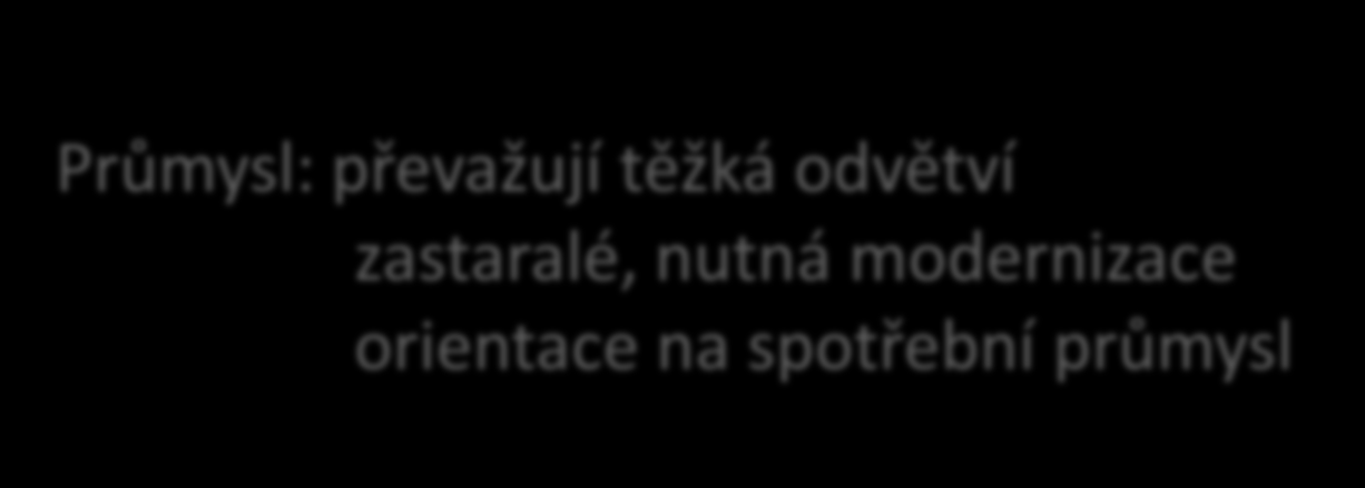 Průmysl: převažují těžká odvětví zastaralé, nutná modernizace orientace na spotřební průmysl energetický hutní strojírenský chemický Většinou tepelné elektrárny, Vodní na