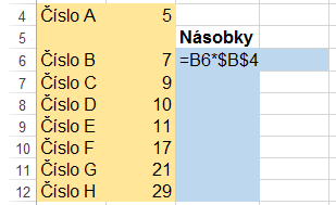 Použití absolutního odkazu Pro správné řešení používaného příkladu Násobení, je potřeba upravit násobení proměnnou A.