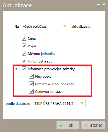 POZNÁMKA: Pro ocenění VZ můžete využít aktualizaci nejnovější ceníkovou databázi, přičemž můžete nastavit, aby se ze zdrojové databáze přenesly také Plný popis, Poznámky k souboru cen a údaj o