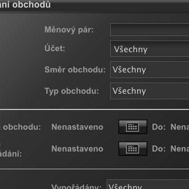 . Vyhledávání obchodu Klikněte v menu na Vložit > FX Blotter nebo použijte tlačítko se zobrazením lupy v nástrojích UCTraderu. Tím se zobrazí panel vyhledávání obchodů.