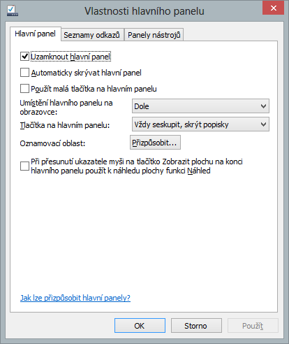 Vlastnosti Hlavního panelu pravé tlačítko myši na