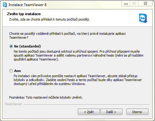 UTB ve Zlíně, Fakulta aplikované informatiky, 2013 49 Obrázek 16 Instalace TeamViewer volba dostupnosti serveru 7.1.2 Připojení Jak již bylo zmíněno v teoretické části, TeamViewer generuje ID a Heslo.