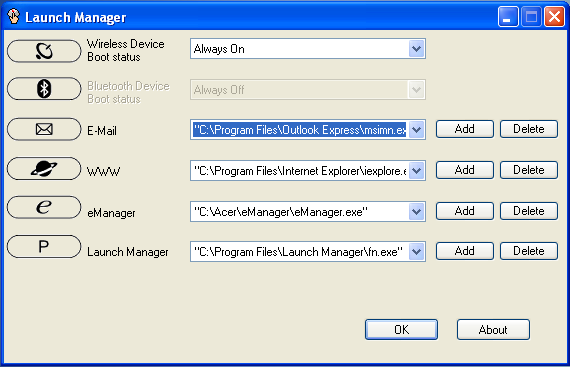 21 Launch Manager Nástroj Launch Manager umožňuje nastavit 4 spouštěcí klávesy, které se nacházejí nad klávesnicí.