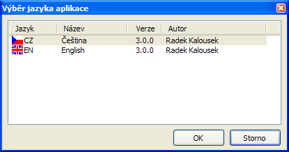 Požadovaný jazyk aplikace se zvolí tak, že se tento jazyk označí a klikne se na tlačítko OK. Poté dojde k zavření dialogového okna a okamžité změně jazyka aplikace.